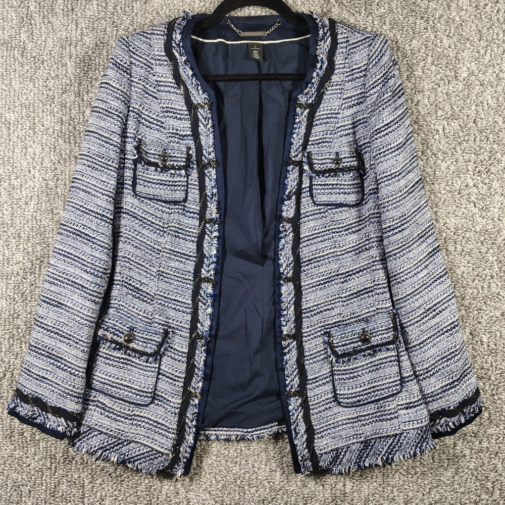 Tweed Jacket Blue Chain Trim Blazer WHBM Women 6 Preppy Quiet Luxury